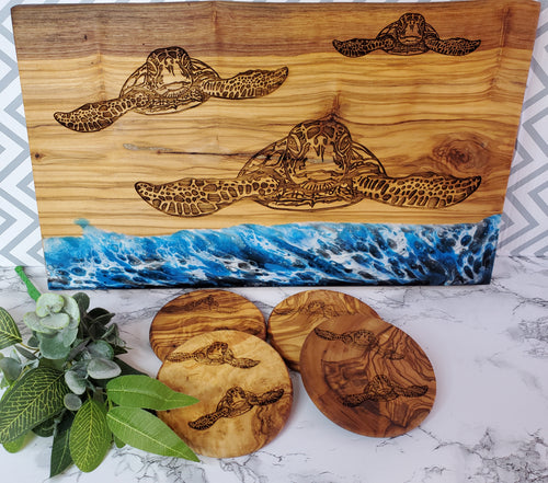 Olivewood/Resin Sea Turtle cutting board with coasters Laser It VA