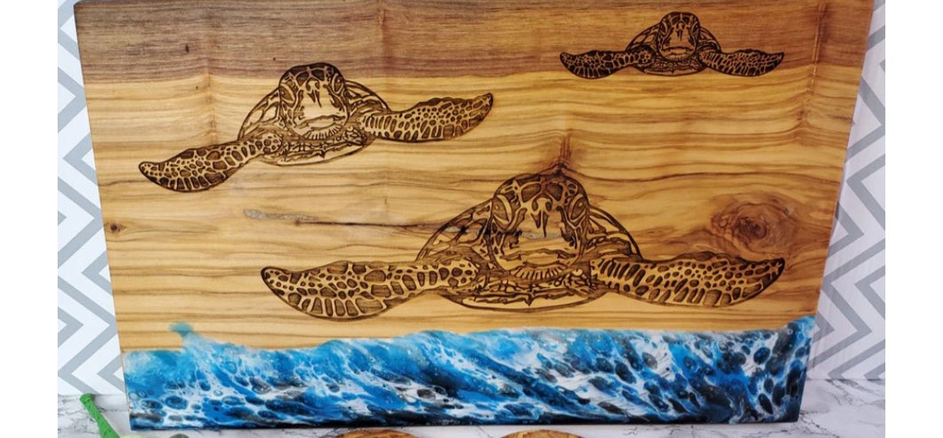Olive wood and resin Turtle Cutting Board Laser It VA